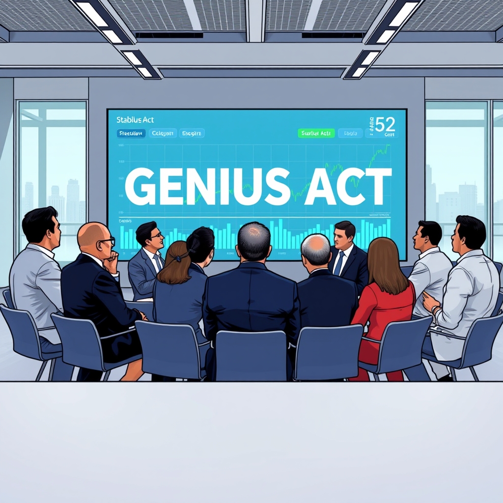 An illustration depicting a diverse group of financial professionals discussing a stablecoin framework, with a large digital screen displaying the words 'GENIUS Act' and various financial charts in the background.