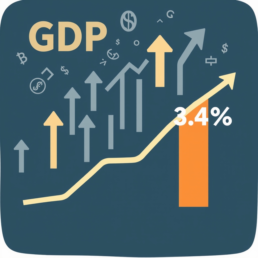 A graph showing the increase in U.S. GDP over the third quarter, with a highlighted percentage of 3.4%. The background features abstract financial symbols and upward arrows to represent economic growth.