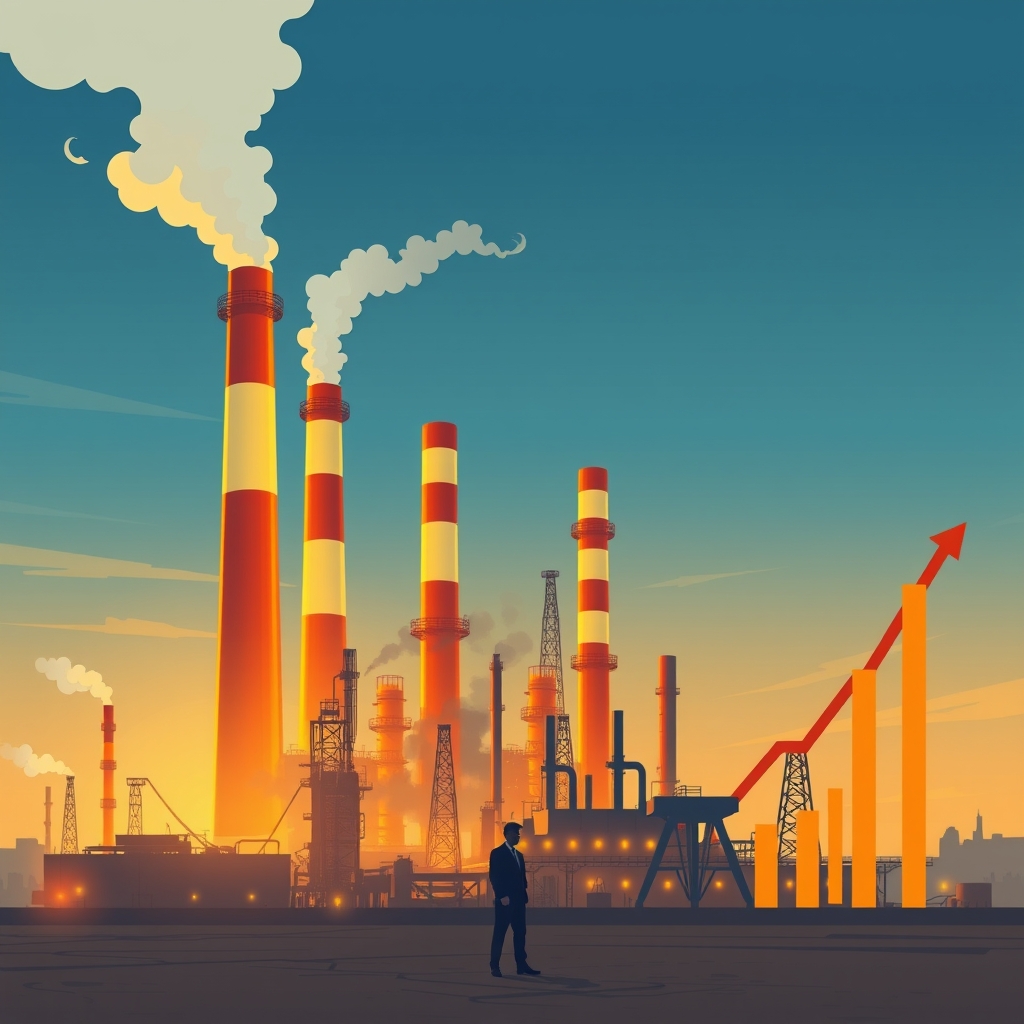 A conceptual illustration depicting a large oil refinery with smokestacks emitting smoke, surrounded by dollar signs and graphs indicating rising profits. The background features a silhouette of a person resembling a politician, symbolizing the call for accountability in the oil industry.